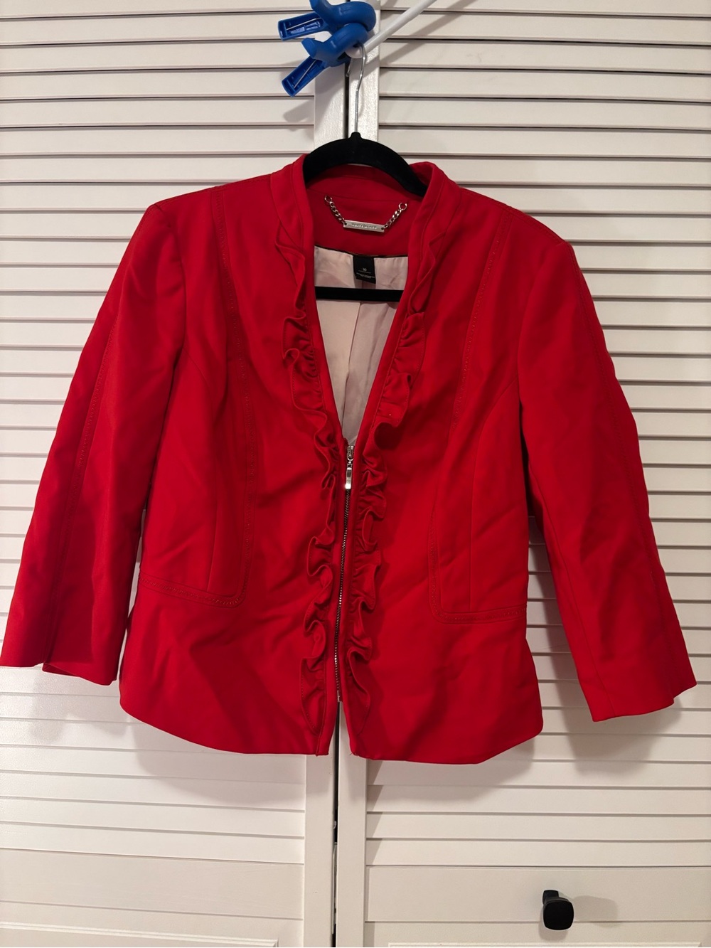 White House Black Market Red Ruffle Zip-Front Blazer